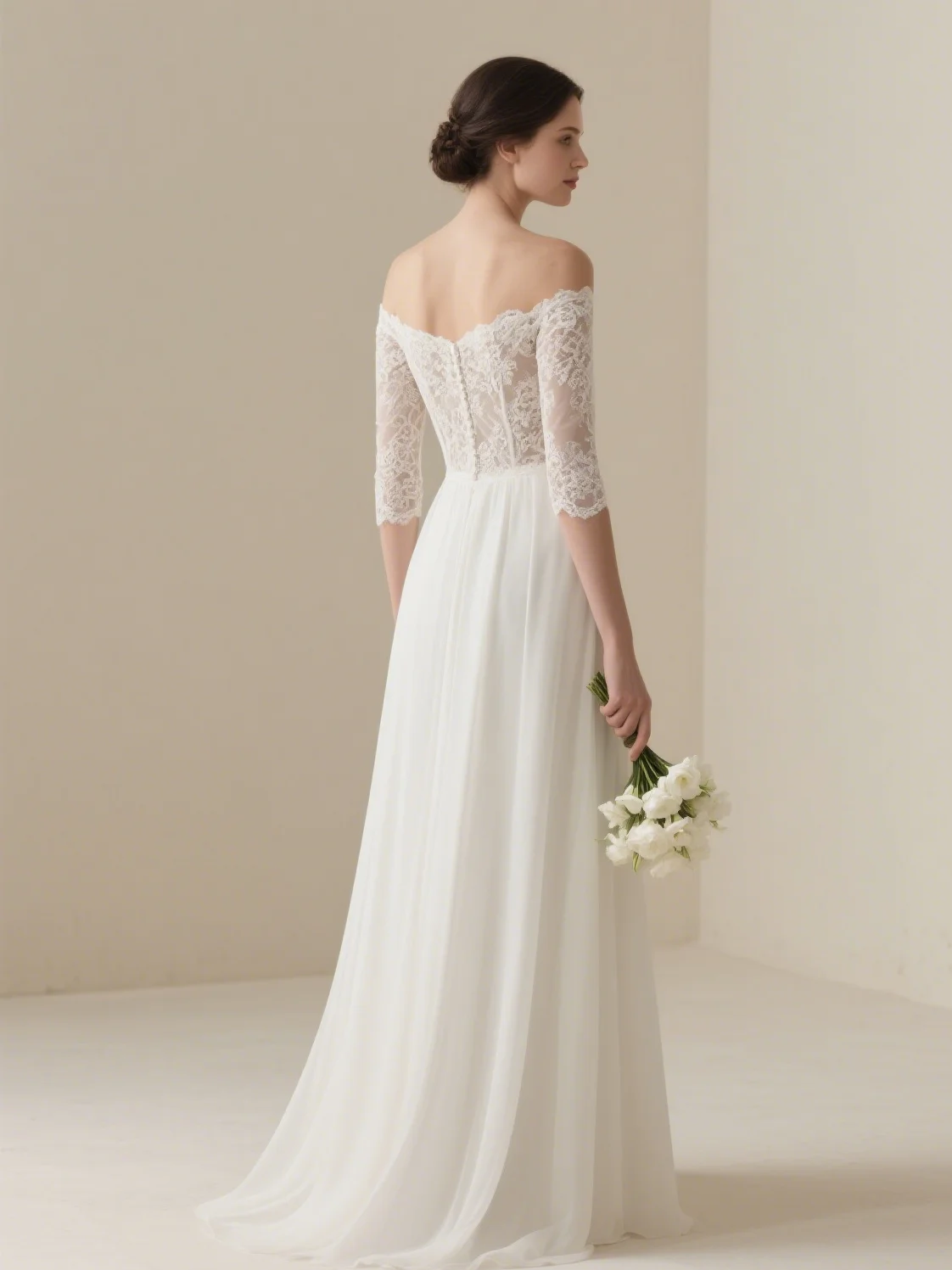 우아한 로맨스 A라인 웨딩드레스 오프숄더 레이스 쉬폰 하프 슬리브 아플리케 스윕 트레인 브라이덜 가운 2025 무료 맞춤 제작