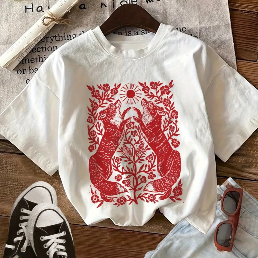 Vintage Art Fox T‑Shirt Folk Art Sun Floral Botanical Animal Graphic Print Men Women Casual Loose Short Sleeve Cotton Tee Tops