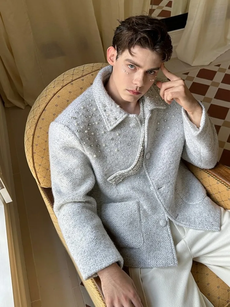 Herren Neue Herbst Winter Mode Woolen Jacke Diamanten Hohe Qualität Designer Bankett Kurzen Mantel Lose Fit Casual Oberbekleidung Männlich