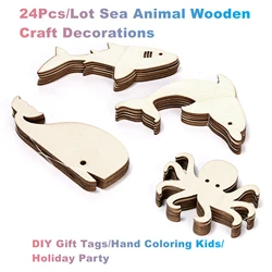 24Pcs/Lot Sea Animal Wooden Craft Decorations for DIY Gift Tags, Hand Coloring Kids, Holiday Party, Create Hanging Ornaments