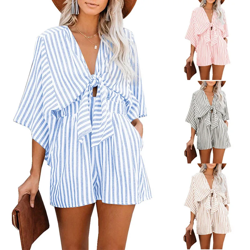 2024 Summer New Striped Print Short Jumpsuits Women Fashion Sexy Deep V-neck Leace-up Bell Short Sleeves Shorts Jumpsuit Female