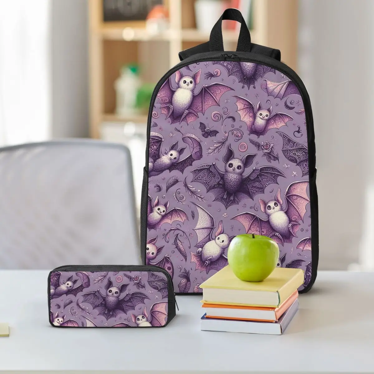Cute Purple Bat Gothic Kawaii Pattern Backpack Boys Girls BookBag School Bag Shoulder Bags 3ps Insulated Lunch Bag Pencil Case