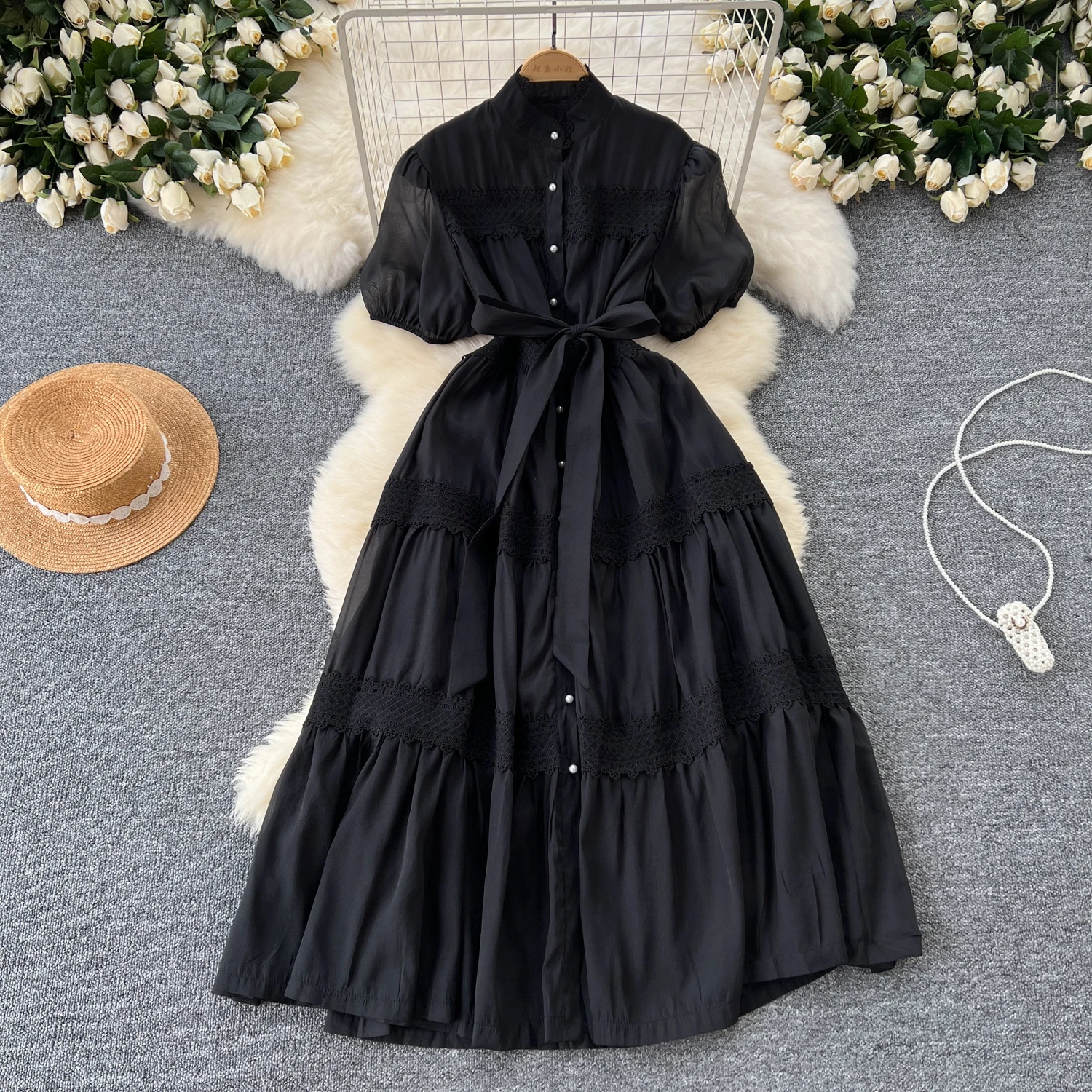 French Vintage Lace PATCHWORK Single Breasted Puff Sleeves Dress korean fashion Casual Women Fashion summer dresses