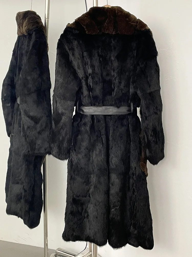 ZMEENNA Women's Luxurious Long Black Faux Fur Coat With Brown Trim And Belt Elegant Warm Winter Outerwear Jacket Classic ZM3413