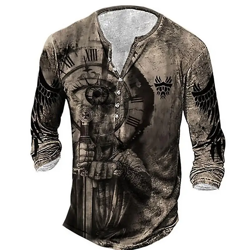 Vintage Cotton Men\'s T-shirts 3D Printed Knight Gothic Long Sleeve Casual Henley Shirt Oversized Top Tee Shirt Man Punk Pullover