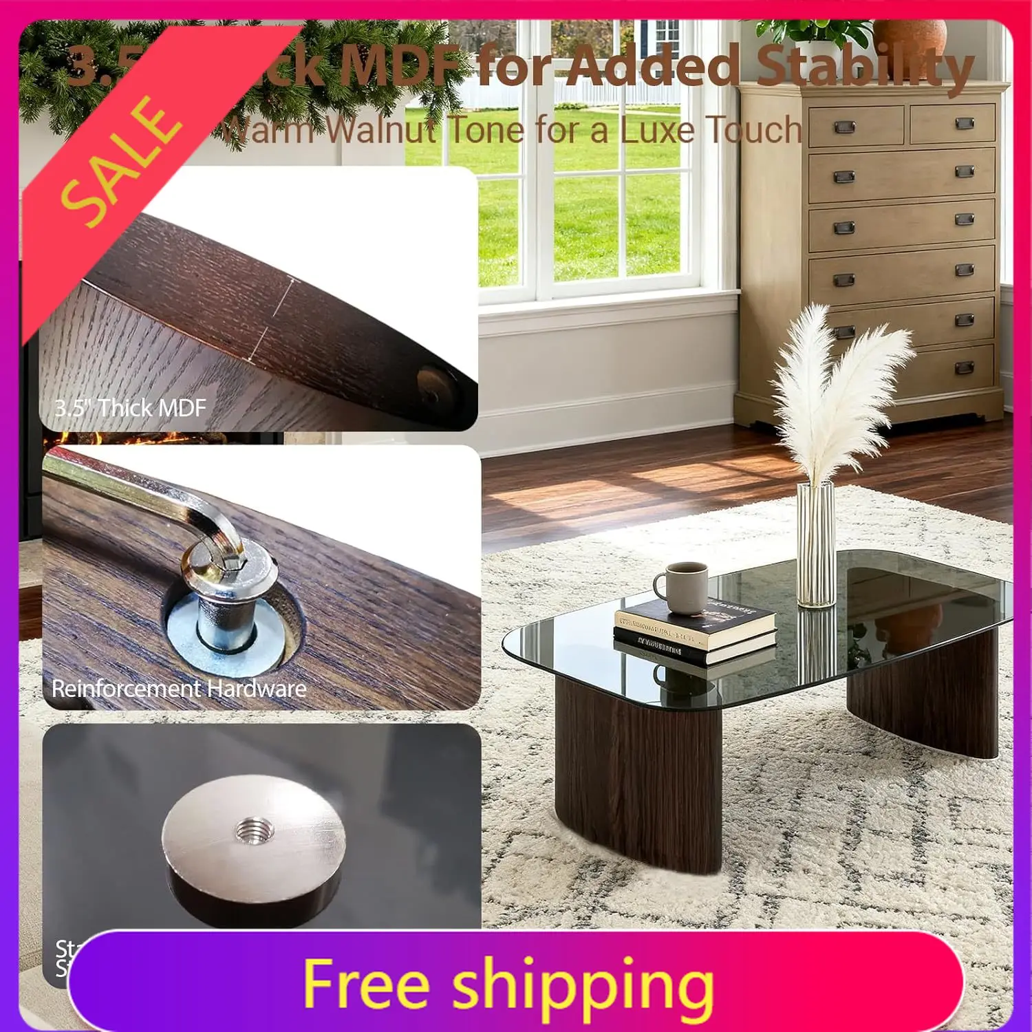 

High QualityModern Glass Coffee Table, Coffee Table for Living Room,Tempered Glass-top with Sturdy Wooden Base, Modern Coffee Ta