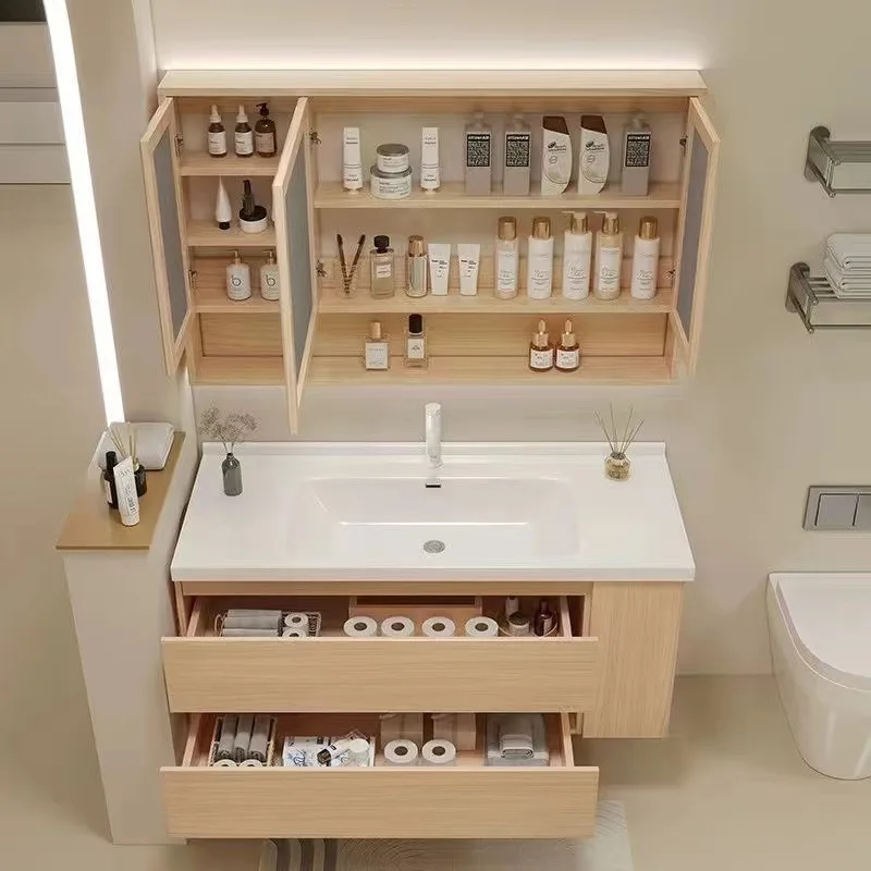 

Floating Bathroom Vanity Cabinet with Ceramic Integrated Sink Wall Mounted Storage Cabinet with 2 Drawers Faucet & Pop Up Drain