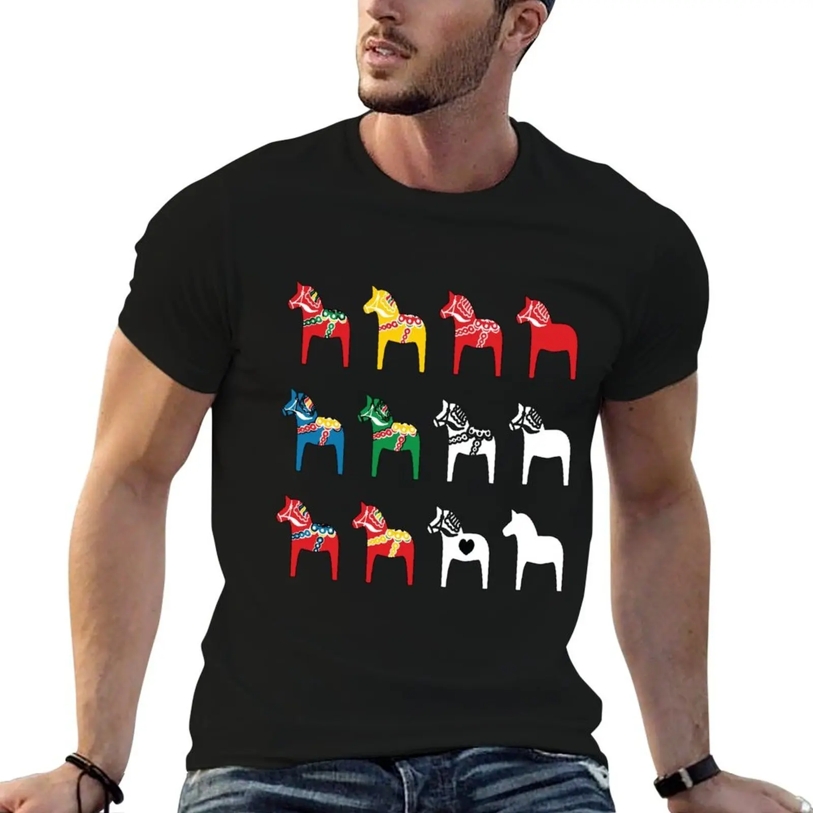

Dala Horses Dalarna Sweden Horse Dalecarlian Swedish Colorful T-Shirt t shirt custom print cotton tshirt 100% T-Shirt