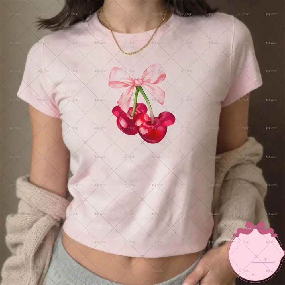 Coquette Bow Mickey Cherry Baby Tee Crop Top Disneyland Girls Trip T-shirt Disney Mickey Girly aesthetic T-shirt Gift For Her