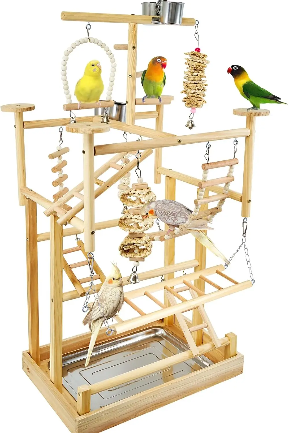 

Natural Wood Bird Playground with Perches, Ladders, Swing, Removable Tray & 4 Stainless Steel Cups for Parakeets, Cockatiels