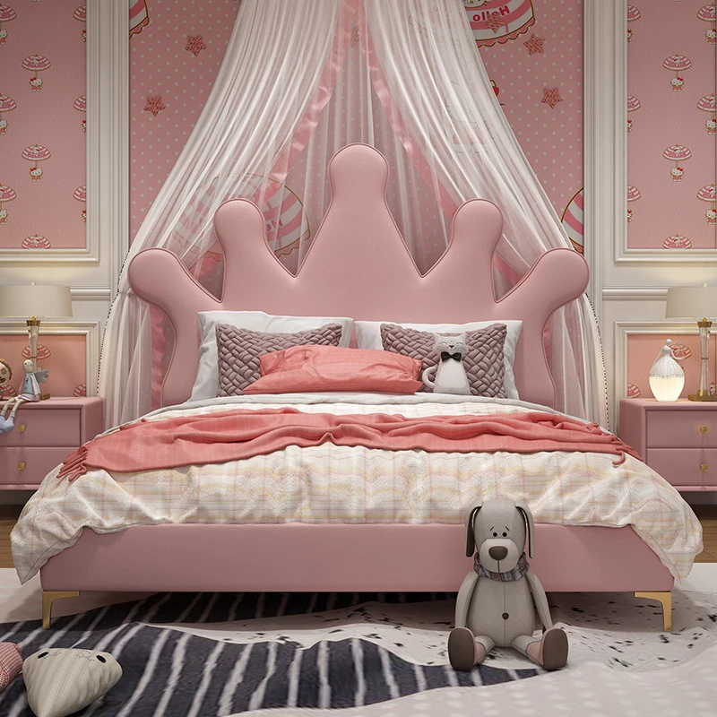 #For Creative Modern Pink Leather Children's Bed High-end Upholstered with Storage Latest Design Children's Crown Bed