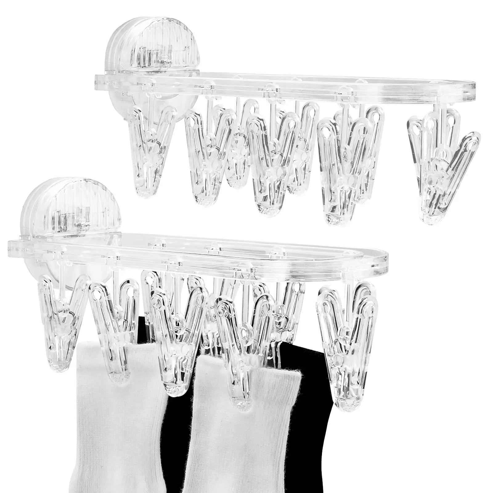 Clothes Drying Rack Laundry Foldable Drip Hanger with 9 Clips, Wall Mounted Suction Cup Clothespins for Socks Gloves Towels