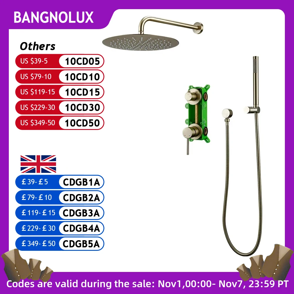 Gunmetal Shower Faucet Embed Box Wall Mounted  8-16 Inch Rain Head Hot &Cold Shower Tap Handheld 2 Ways Ceiling Arm Bathroom Sys