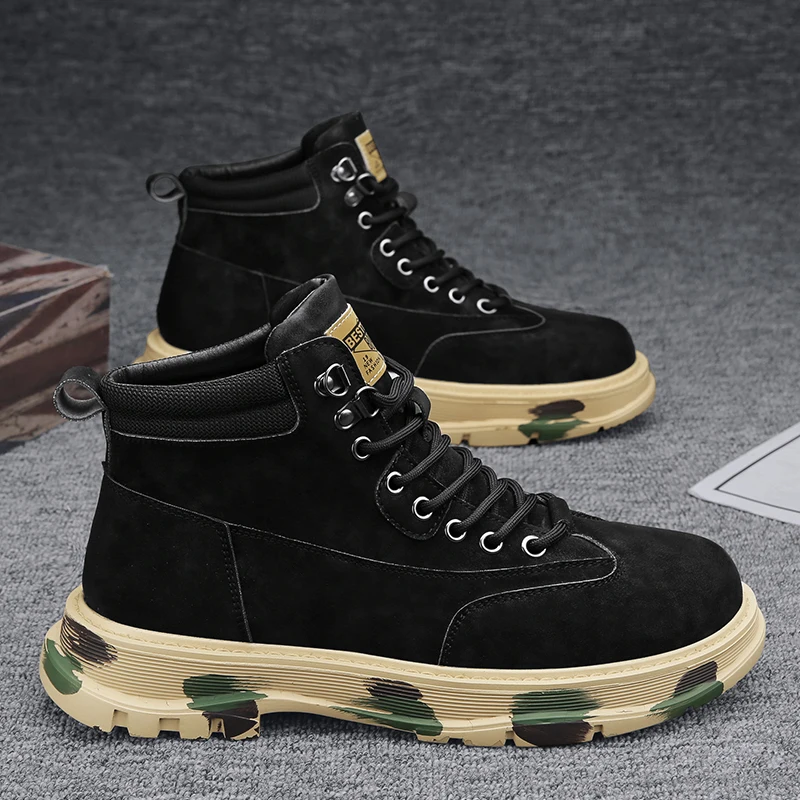 

High Quality Velvet Platform Boots for Men Designer Soft-soled Cow Suede Work Shoes Man Fashion Non-slip Yellow Ankle Boot Male