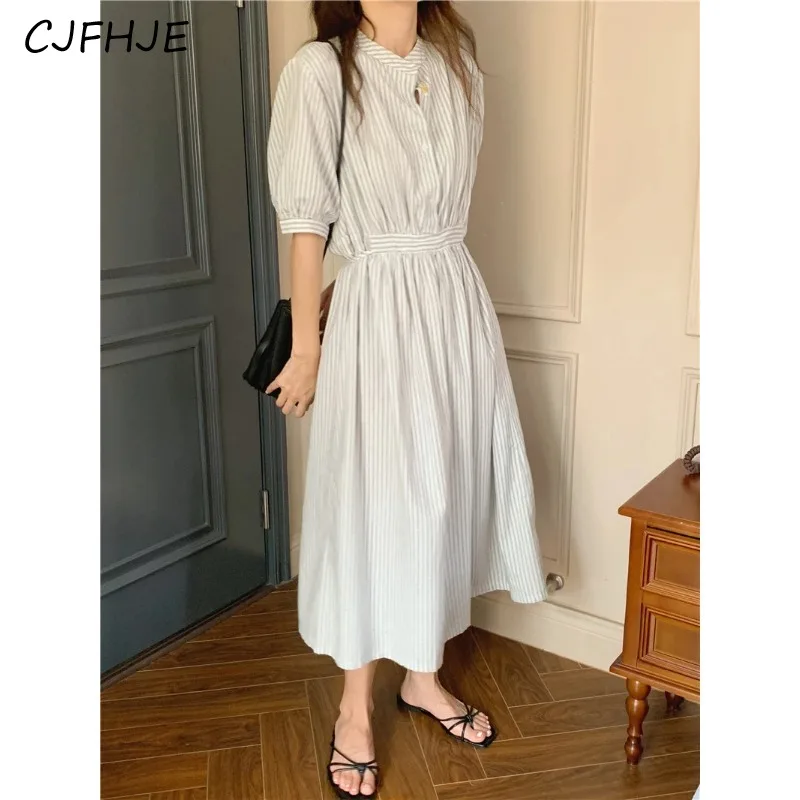 CJFHJE-فستان قميص مخطط عالي الخصر للنساء ، برباط ، كلاسيكي ، كاجوال ، فساتين طويلة ، موضة كورية ، أنيقة ، ربيع ، صيف ، جديد