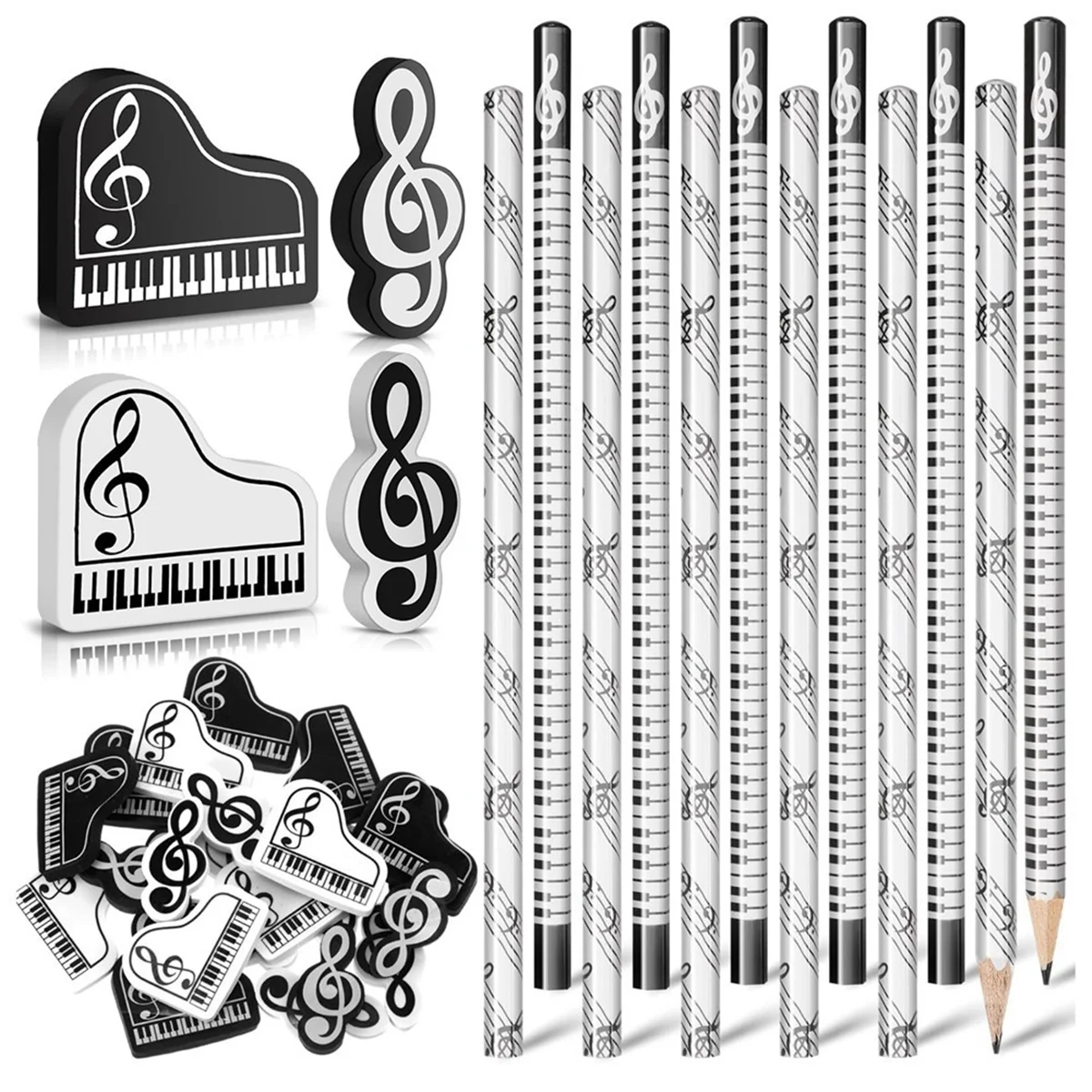 Lápis de música n89r, lápis de nota musical com borrachas temáticas de música, lápis de madeira, teclado em massa, lápis divertidos, presente (24 peças)