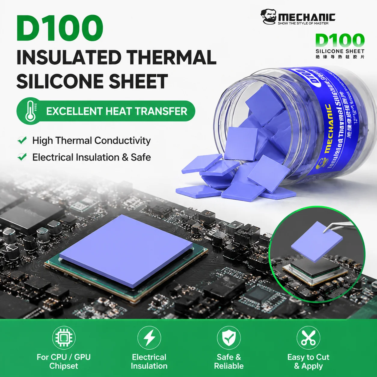 MECHANIC D100 100pcs Pre-Cut Thermal Silicone Pad High Thermal Conductivity Insulation Sheet for PCB CPU IC Repair