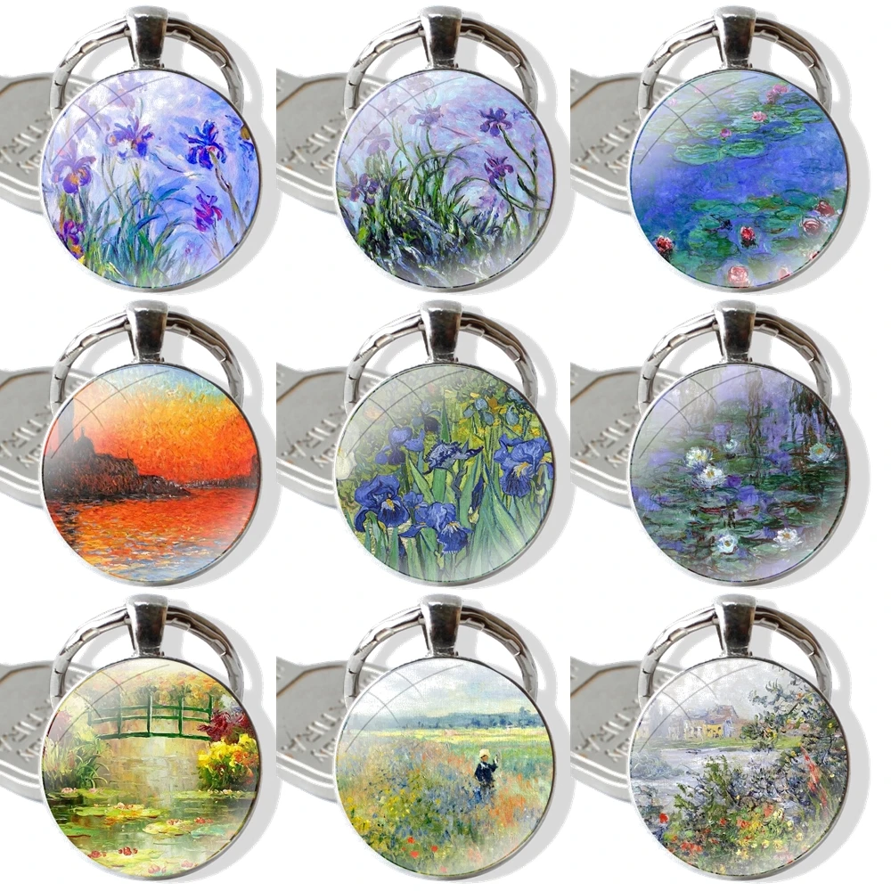 Keychain Glass Cabochon Metal Pendant Classic Men's Women's Keyring Claude Monet Oil Painting Sunflower