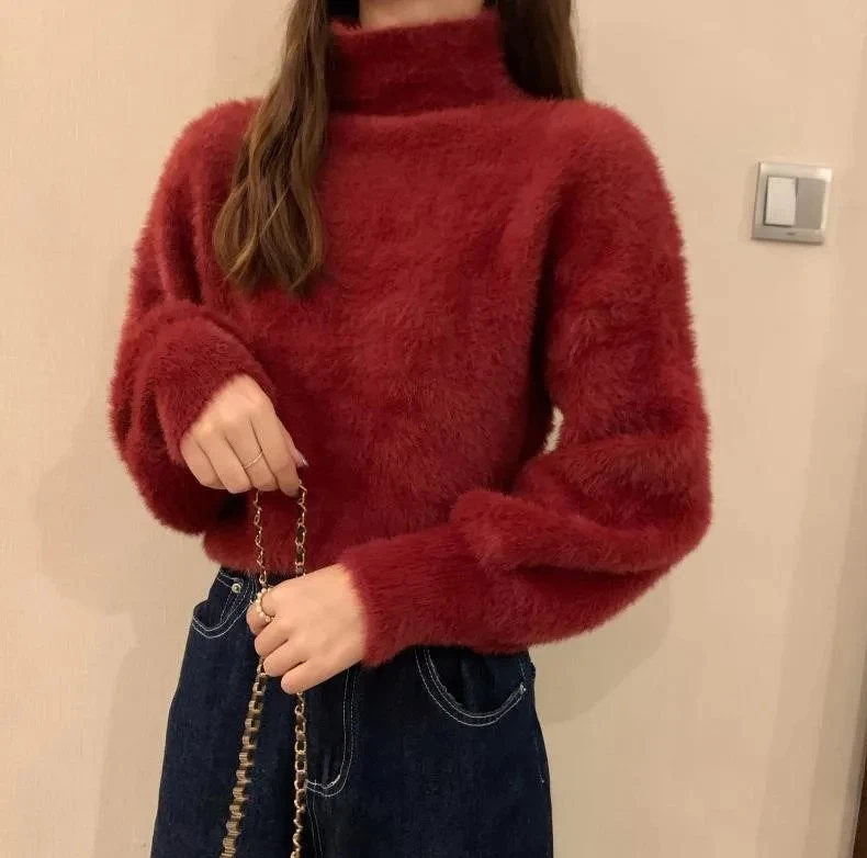 

Winter Imitate Mink Wool Hot Fleecing Female Turtleneck Elastic Casual Sweater Women Knitted Tops Pullovers Soft Warm