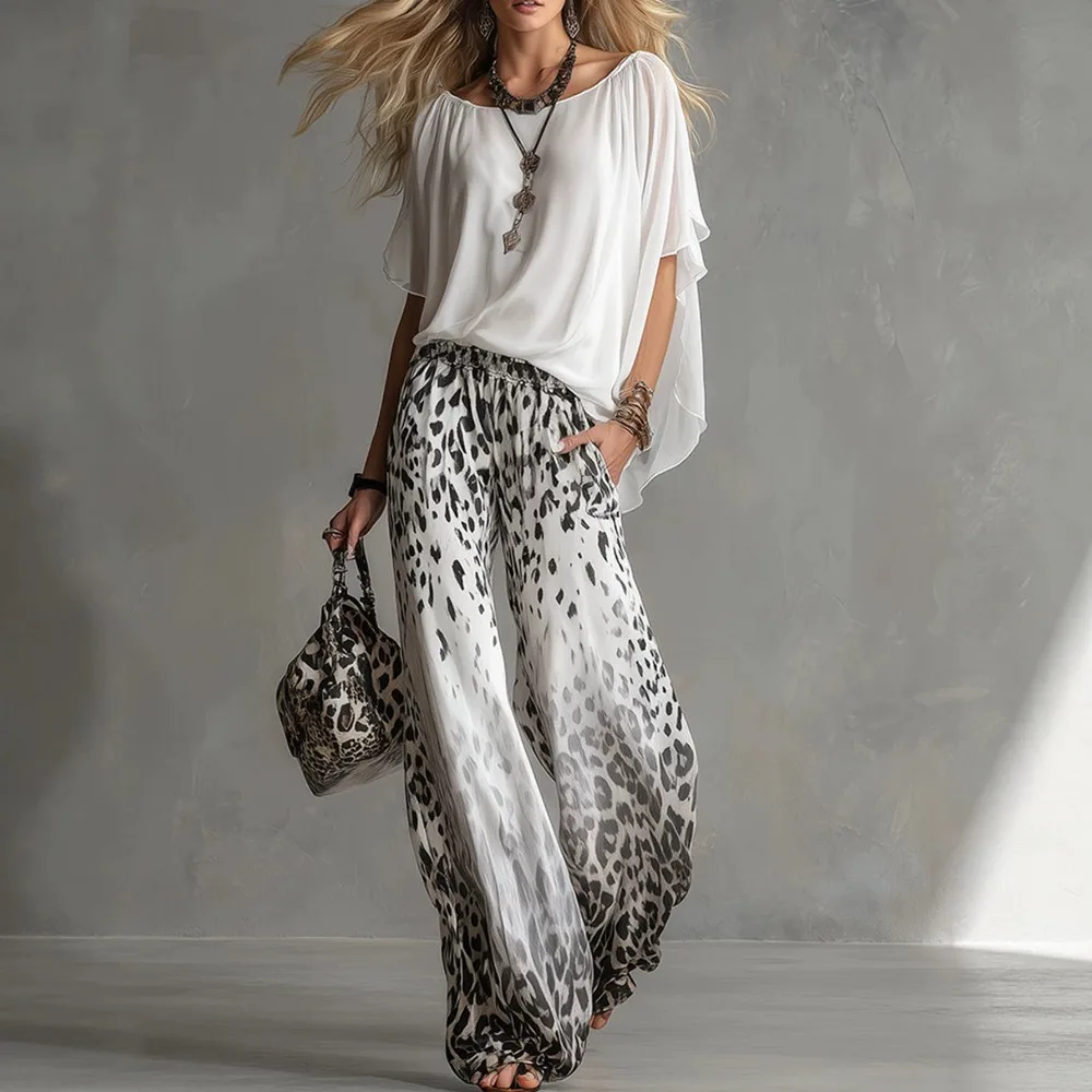 

2026 Summer New Women 2PCS White Chiffon Tops and Leopard Print Wide Leg Pants Set Europe America Casual Baggy Beach Outfit Y2k