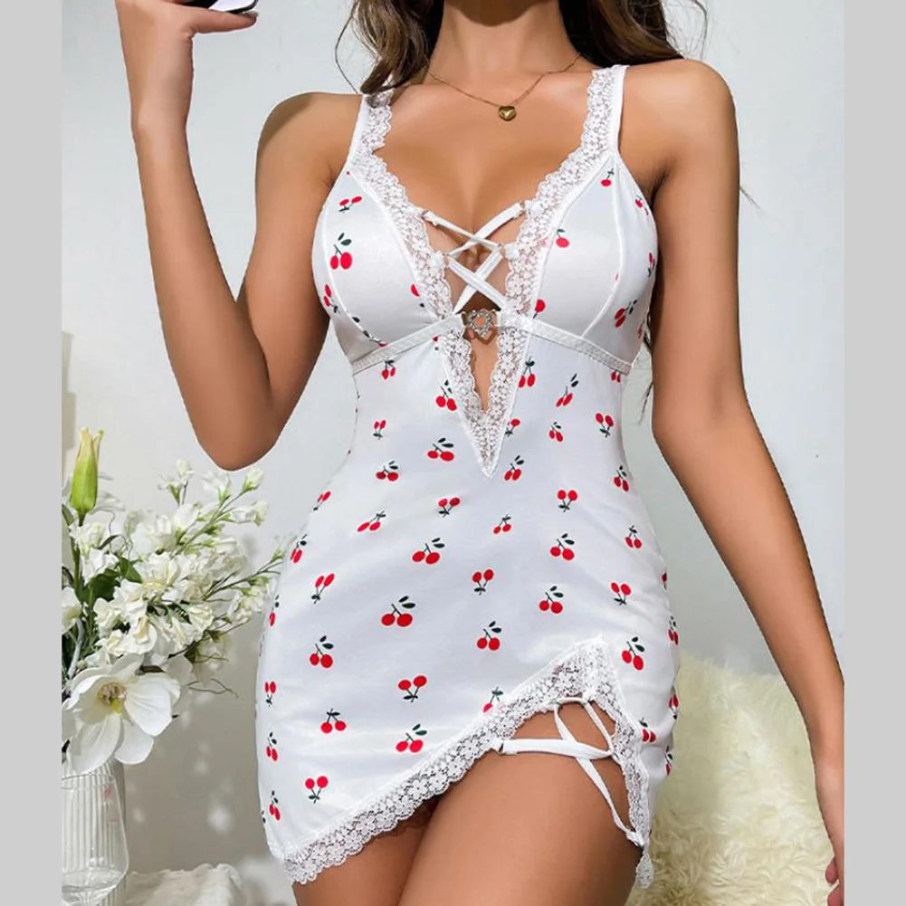 Women Sexy Sleepwear Pajamas Set Ladies' Sexy Lingerie Hollow Out  Heart-shaped Strappy Cross-print Camisole Nightgown