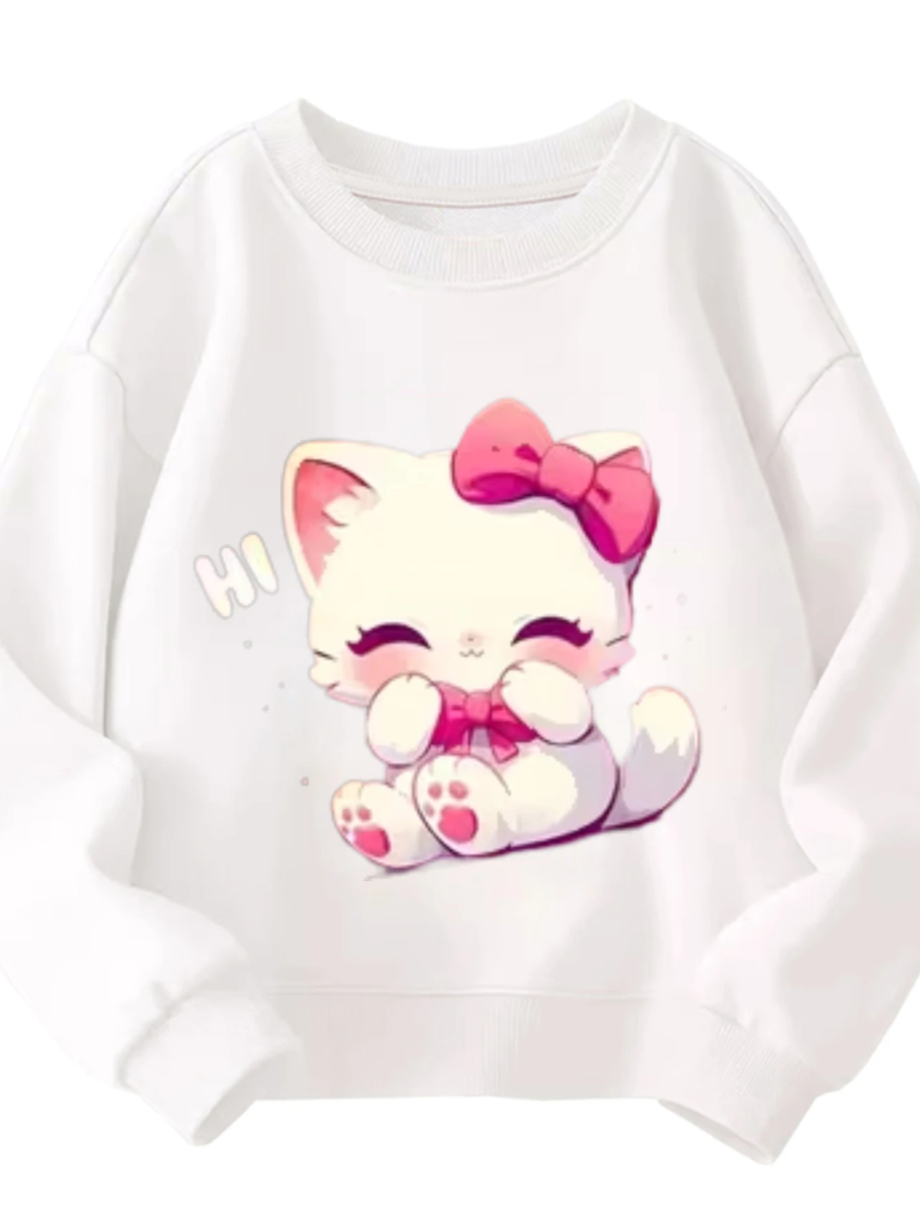 

Kids Crew Neck Sweatshirt Cute White Cat Cheerful Sweet Casual With Pink Bows Hi Graphic White Pullover For Girls