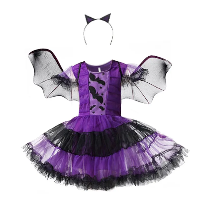 5Pcs/set Halloween Girls Witch Dress Carnival Party Toddler Kids Bat Costume Up Hoodwinked Suit Kids Cosplay Pumpkin Clothing