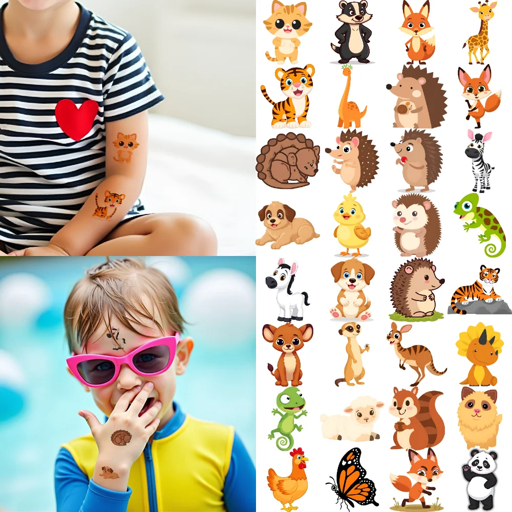 

54 шт., временные татуировки, наклейки с животными, водонепроницаемые долговечные наклейки для тела, декоративные наклейки с героями мультфильмов для плеч, рук