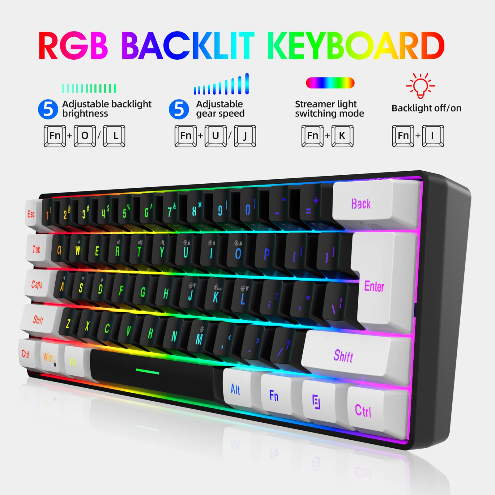 HXSJ-Kit clavier et souris USB de jeu, 61 touches, rétroéclairage RVB, éclairage LED coloré, 3200 ug I, V700BW, A869