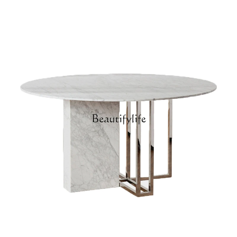 

Pure natural marble dining table metal stainless steel base round countertop table