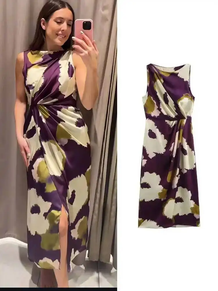 Women Summer Long Dresses 2025 New Fit Party Fashion Vintage Female Sleeveless Flower Print Round Neck Midi Dress Woman T7WE