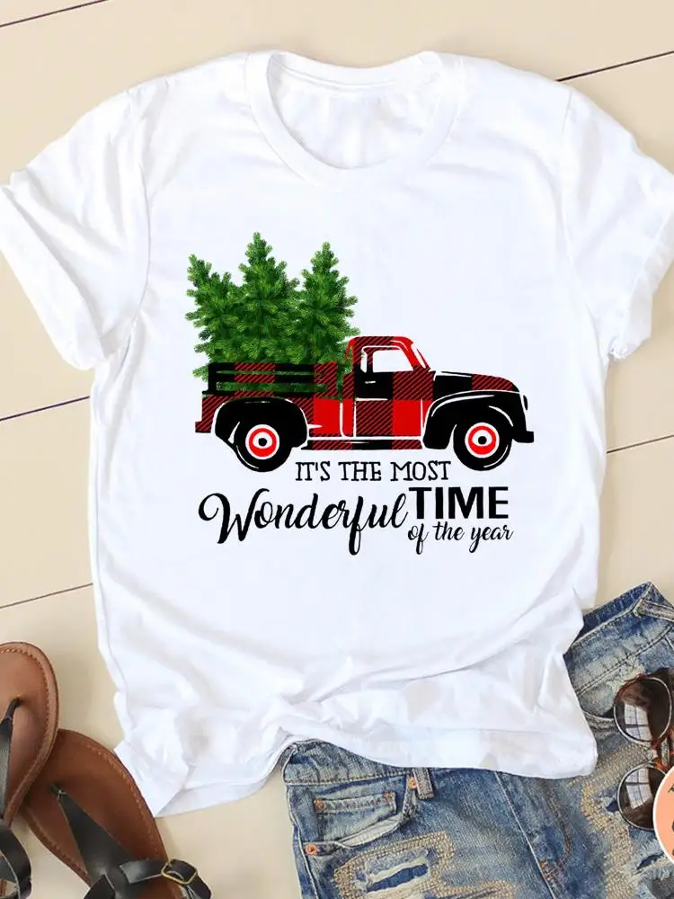 

Christmas Fashion Plaid Truck Lovely Cute Print T-shirt New Year Women Clothes O-neck Graphic Lady Casual Female Shirt Tee