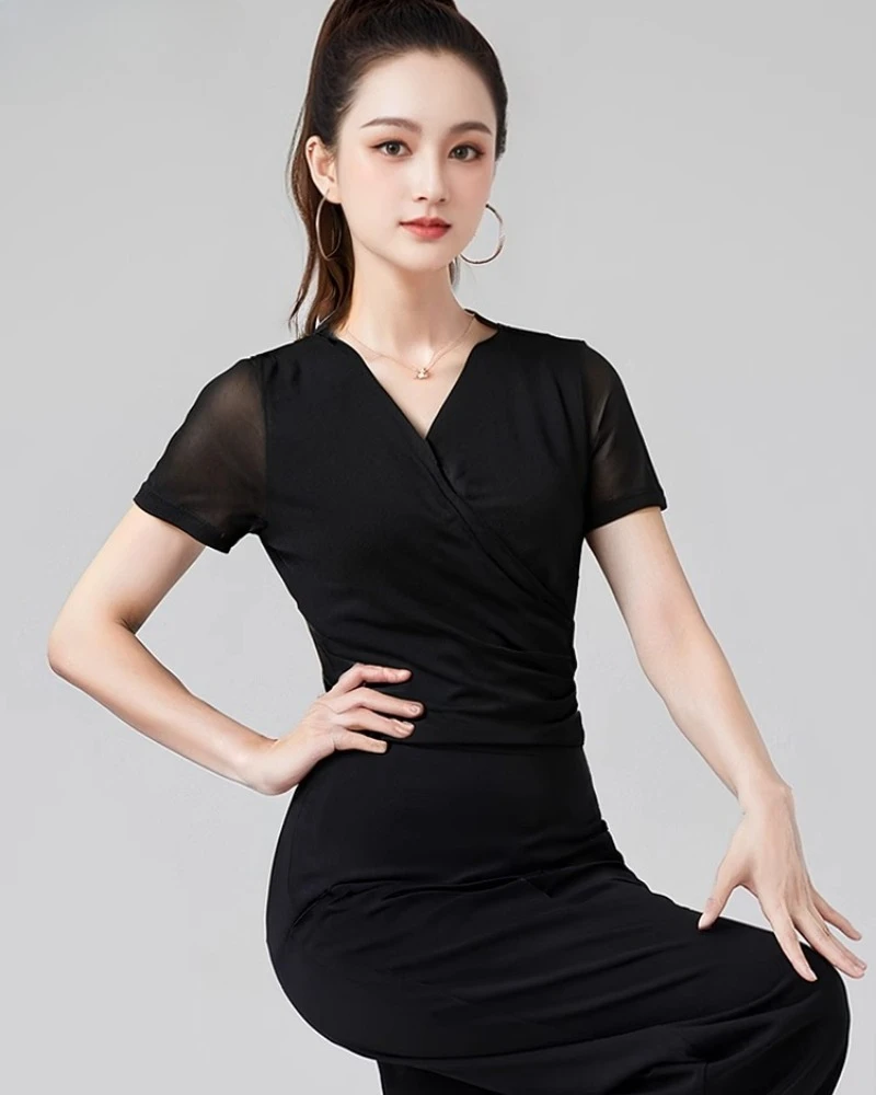 Tops de baile latino para mujer, vestidos de noche con cuello en V, camiseta de manga corta con volantes, Top de baile moderno, ropa de práctica de Samba, novedad de 2025