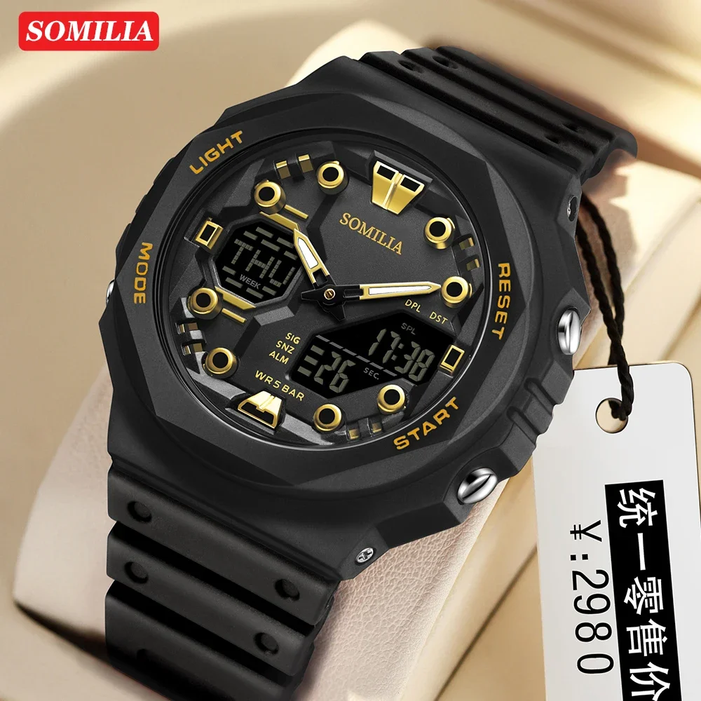 SOMILIA Men's Electronic Watch Fashion Dual Display Screen Sports Multi functional Waterproof LED Men's Watch S6200