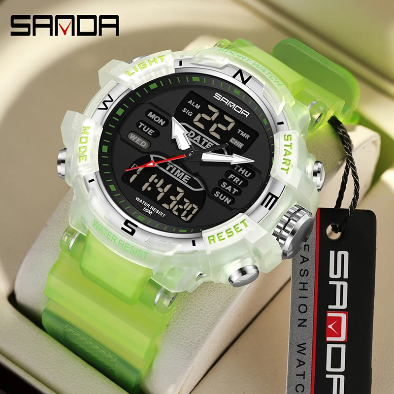 

SANDA Sports Watches Transparent Strap Dual Display Electronic Watch For Men Clock 2024 New Fashion Men Chronograph Watch Reloj