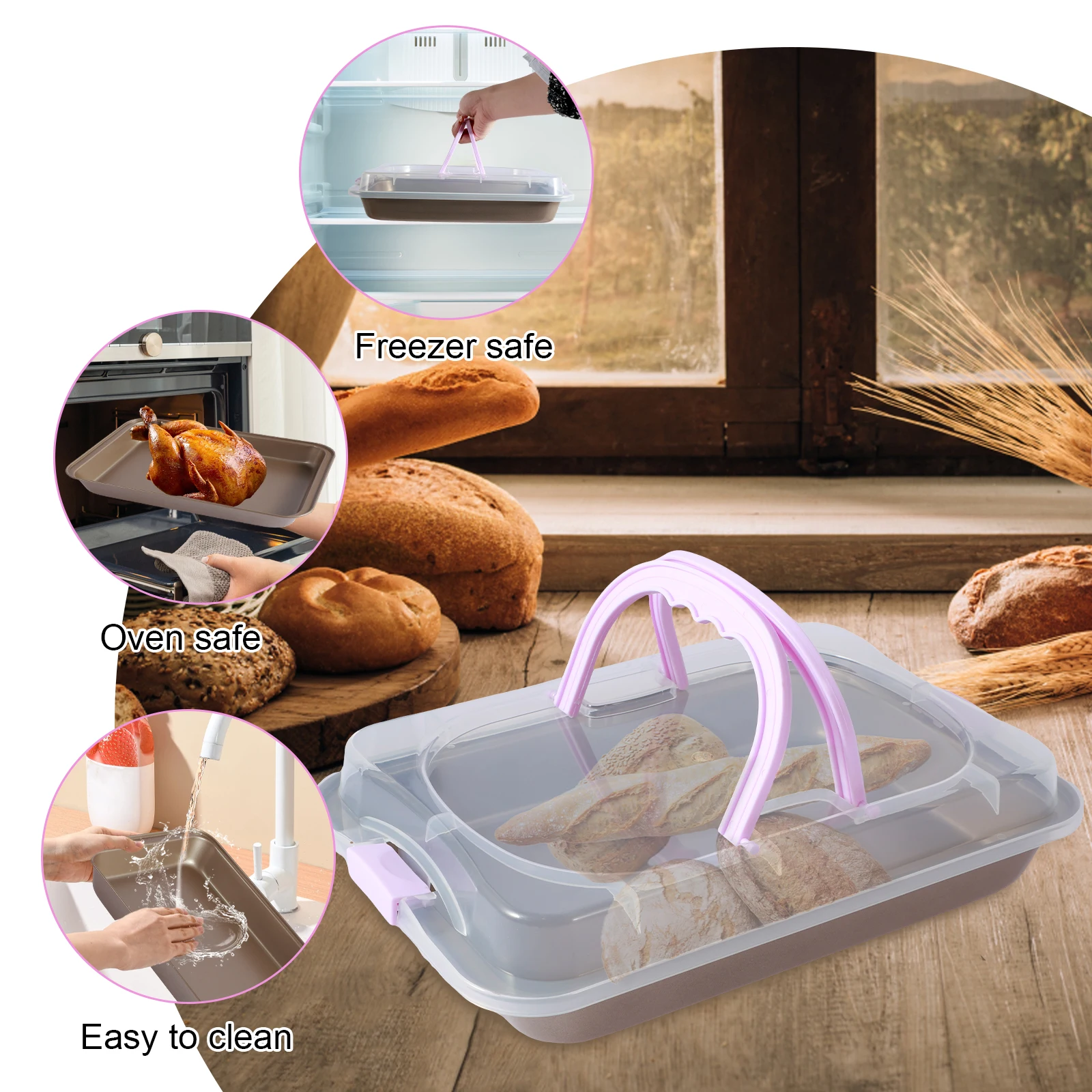 Bake Pan with Lid Carbon Steel Cake Bread Pan Rectangular Food Fruits Storage Trays for Oven Roasting Frozen Pastry Bakeware