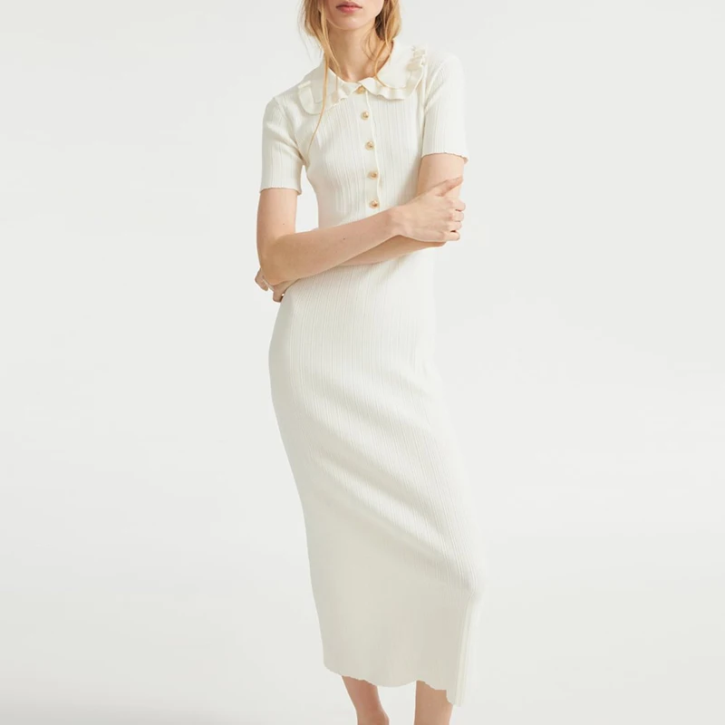 Wiosna Lato Nowa Damska Sukienka z Krótkim Rękawem Elegancka Sukienka z Kołnierzykiem Piotrusia Pana z Wysokim Stanem Sukienka Wakacyjna Modna Odzież Uliczna Długie Sukienki