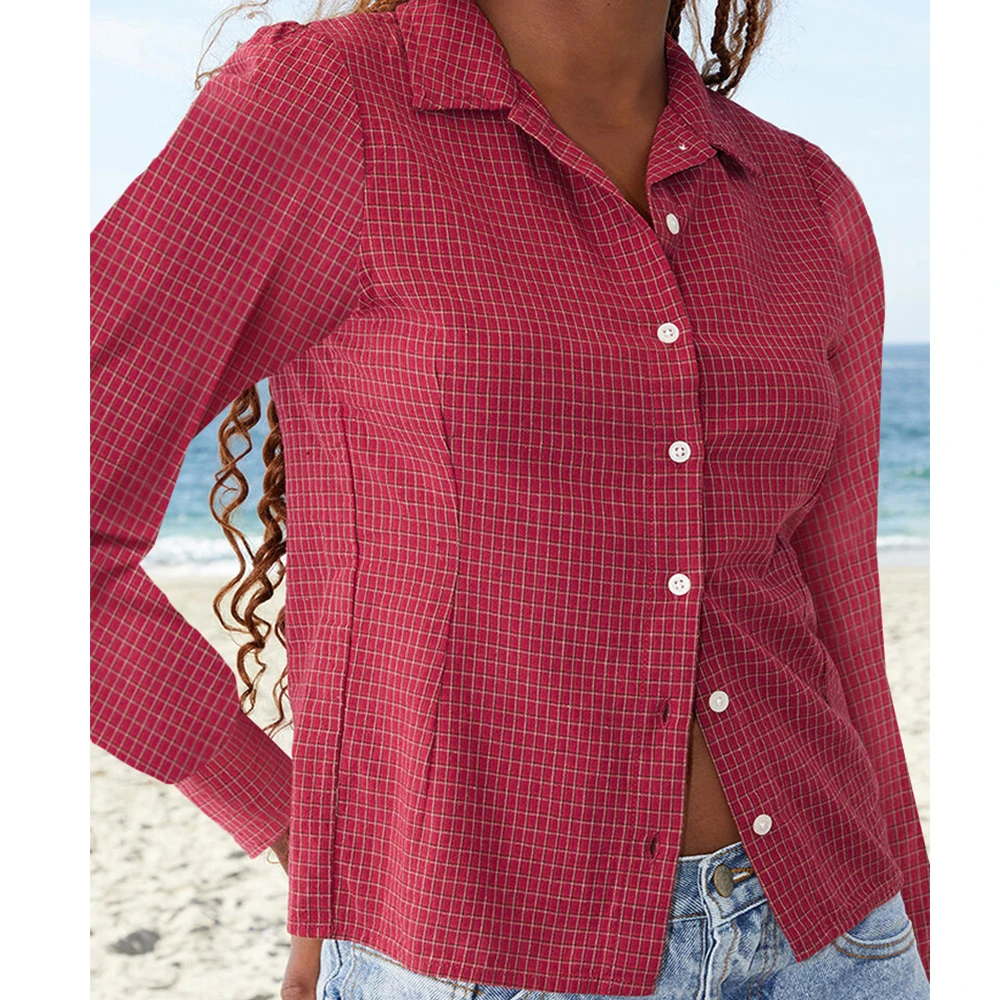 Camicie a maniche lunghe con stampa scozzese rossa Donna Bottoni autunnali Colletto rovesciato Slim Casual Preppy Top Camicette basic Camicie Streetwear