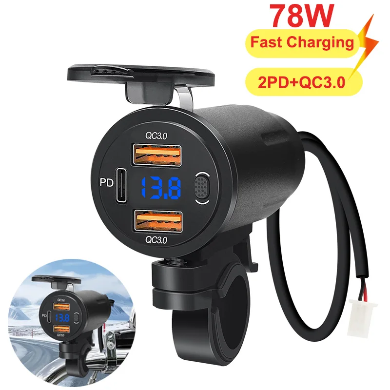 

PD QC3.0 Мотоциклетное быстрое зарядное устройство USB Водонепроницаемый разъем типа C с вольтметром Цифровая зарядка 12 В Адаптер питания