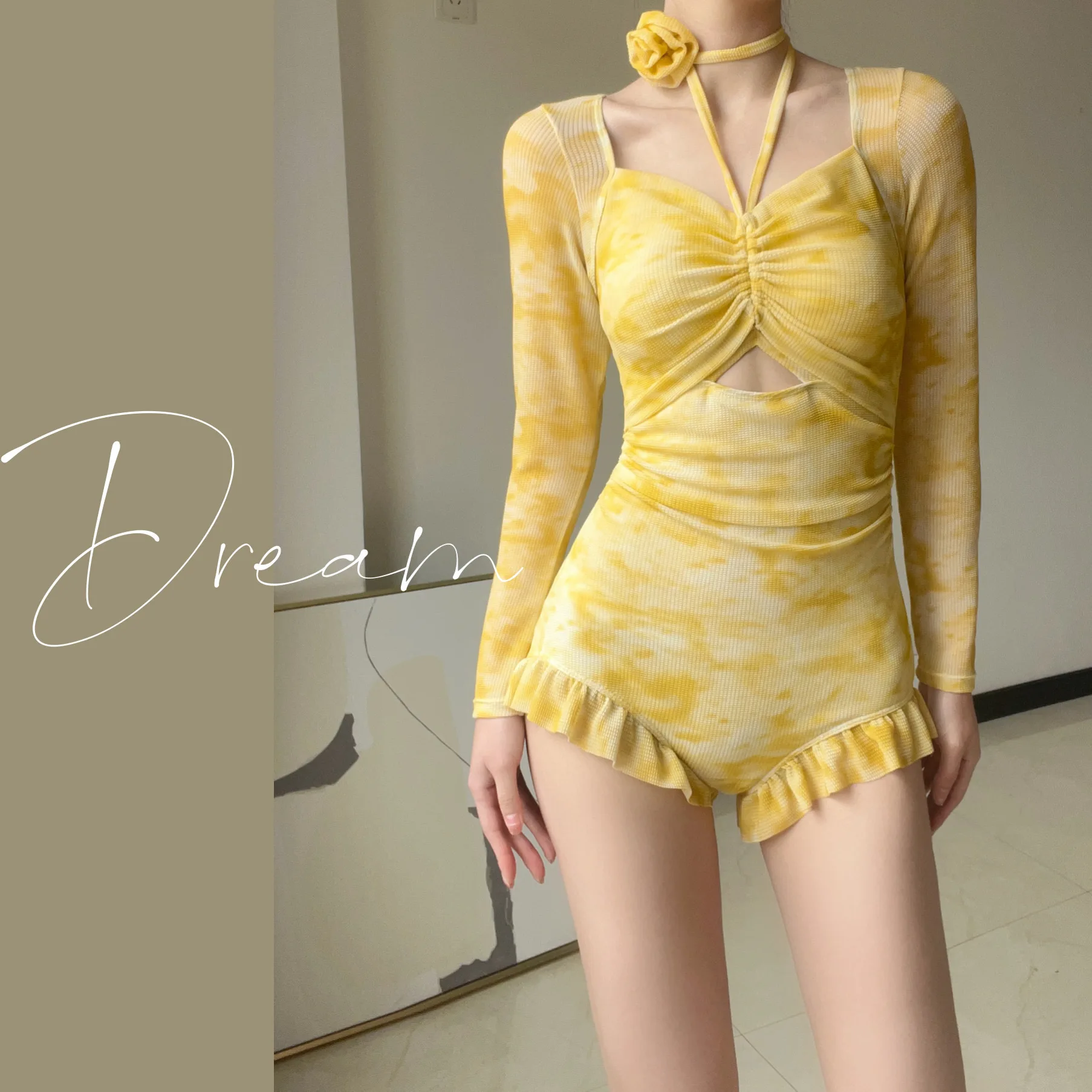 Traje de baño francés elegante amarillo de una pieza, Bikinis sexis con Control de barriga para mujer, traje de baño ajustado Y2k, traje de baño para piscina de aguas termales