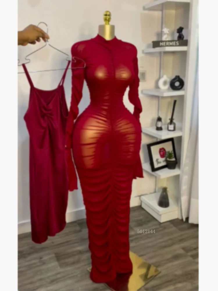 

2025 Новые сексуальные вечерние платья на день рождения, женские расклешенные платья с длинными рукавами и рюшами, сетчатые, прозрачные, с платьем-майкой, длинное платье макси