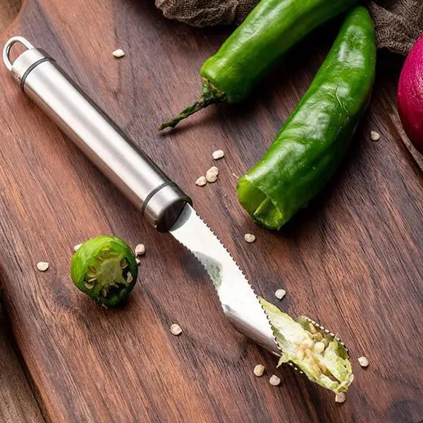 Extractor de semillas dentadas de acero inoxidable para pimienta de cayena, utensilio de cocina para vegetales y frutas