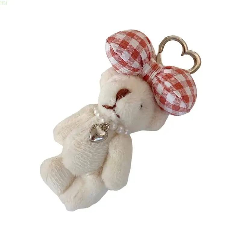 Sweet Checkered Bowknot Bear Keyrings Attachments Key Charm For Mobile Devices NM