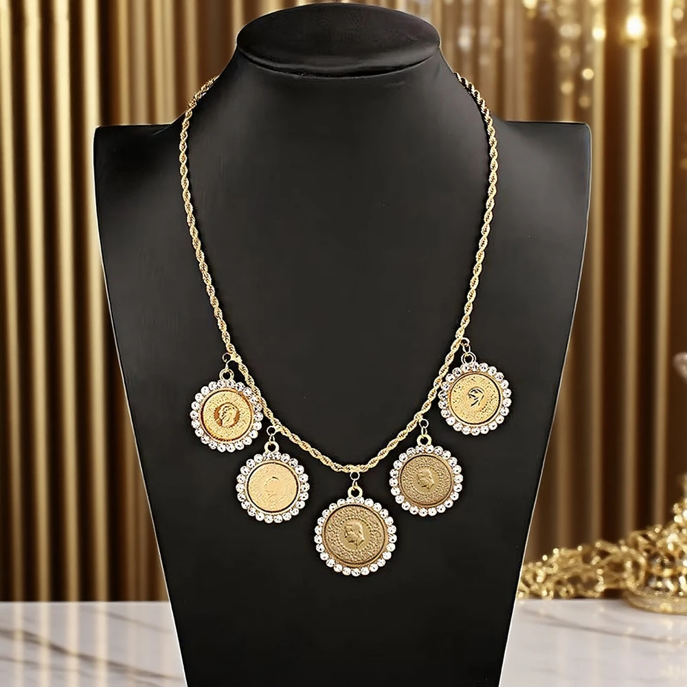 

French Coin Jewelry Pendant Necklace Gold Plated Twisted Chain Mulism Islamic Wedding Jewelry Arabic Luxury Gifts