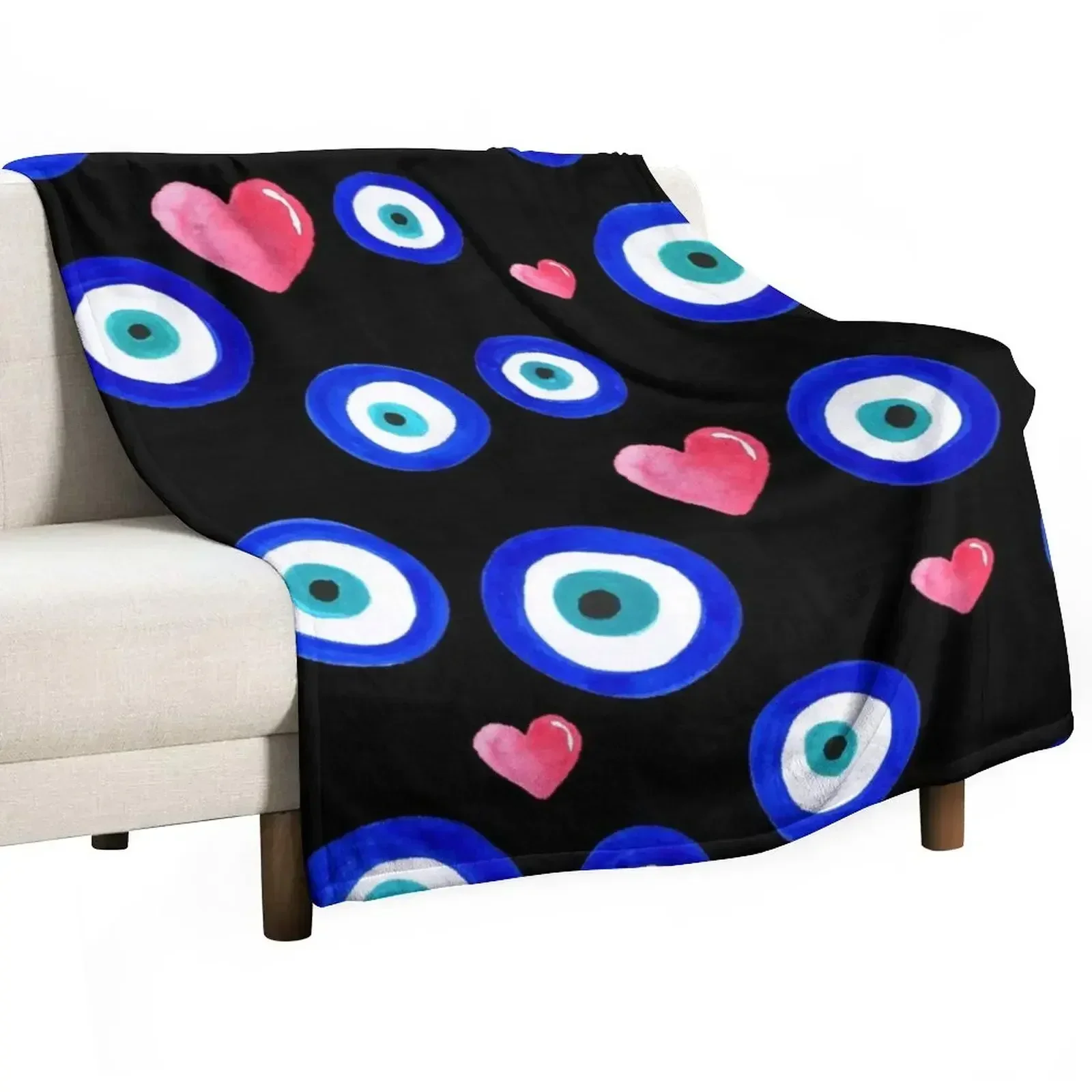 Scattered Evil Eyes & Hearts on black Throw Blanket Furry Decoratives Hairys Bed Fashionable Blankets