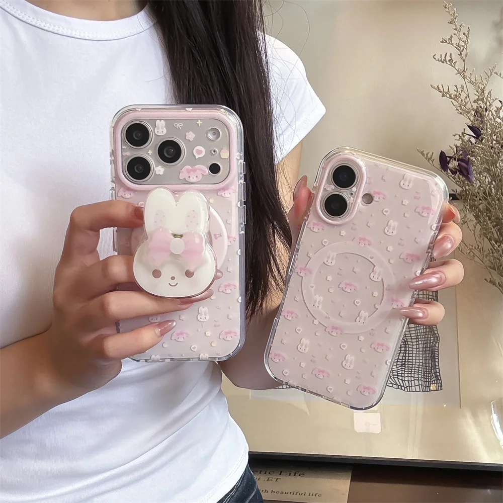 2026 Cute Cartoon Pink rabbit Magnetic Phone case funda For iPhone 15 16 17 Promax Cover Shockproof New cases For Magsafe