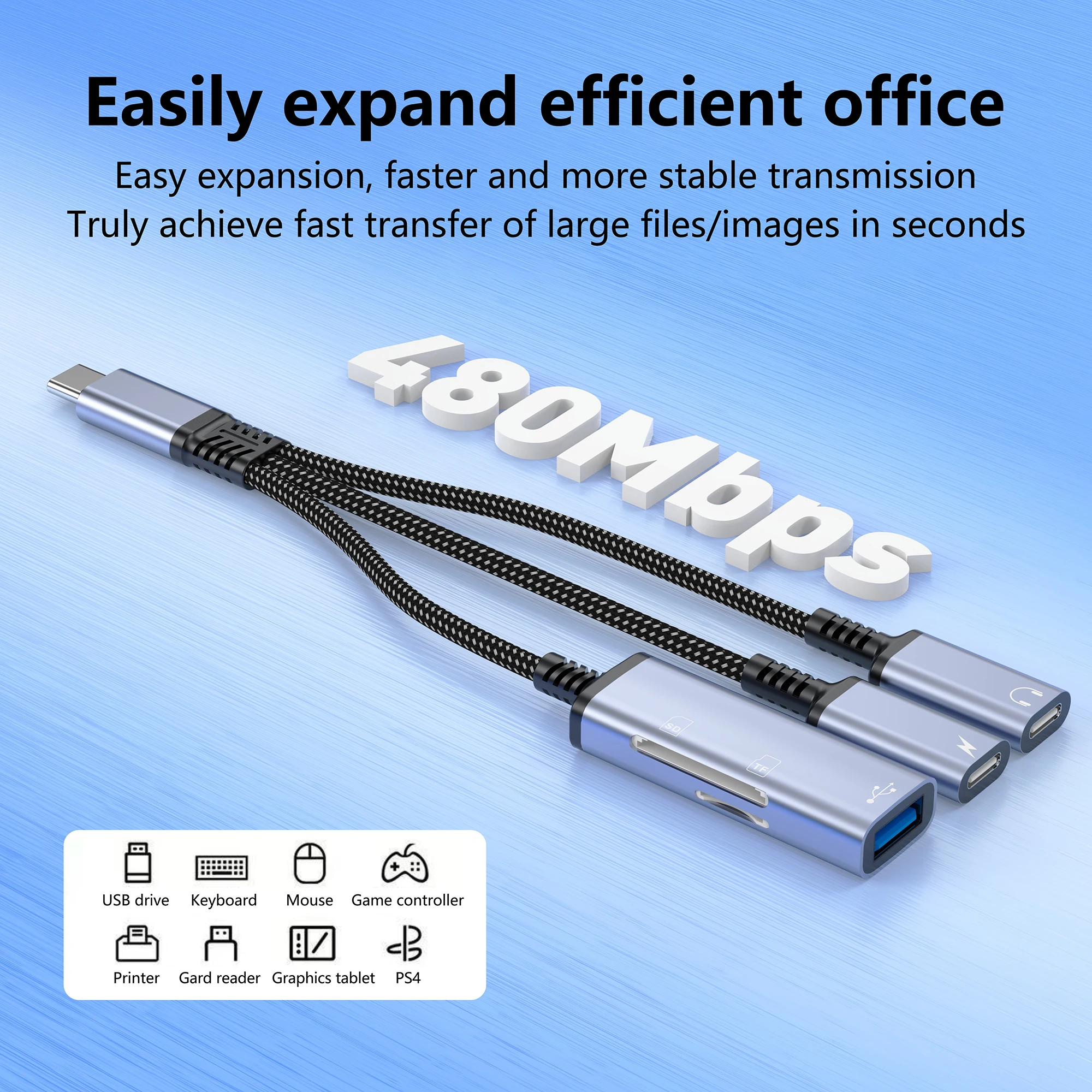 Type C to Dual Type C/USB Multi-functional Adapter Cable Fast Charging Audio Transfer OTG/SD Card Support for Electronics