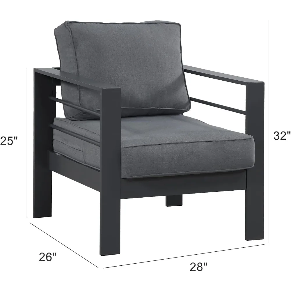 2 Pieces Patio Furniture Aluminum Armchair, All-Weather Outdoor Single Sofa, Grey Metal Chair with Dark Grey Cushions