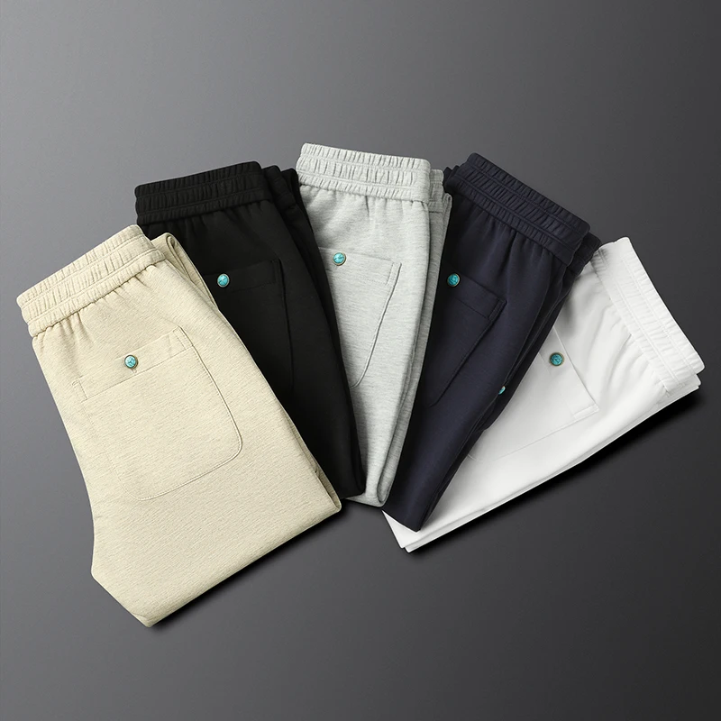 Light luxury black casual sweatpants men's slim fit leggings elastic waist acetate wool trousers