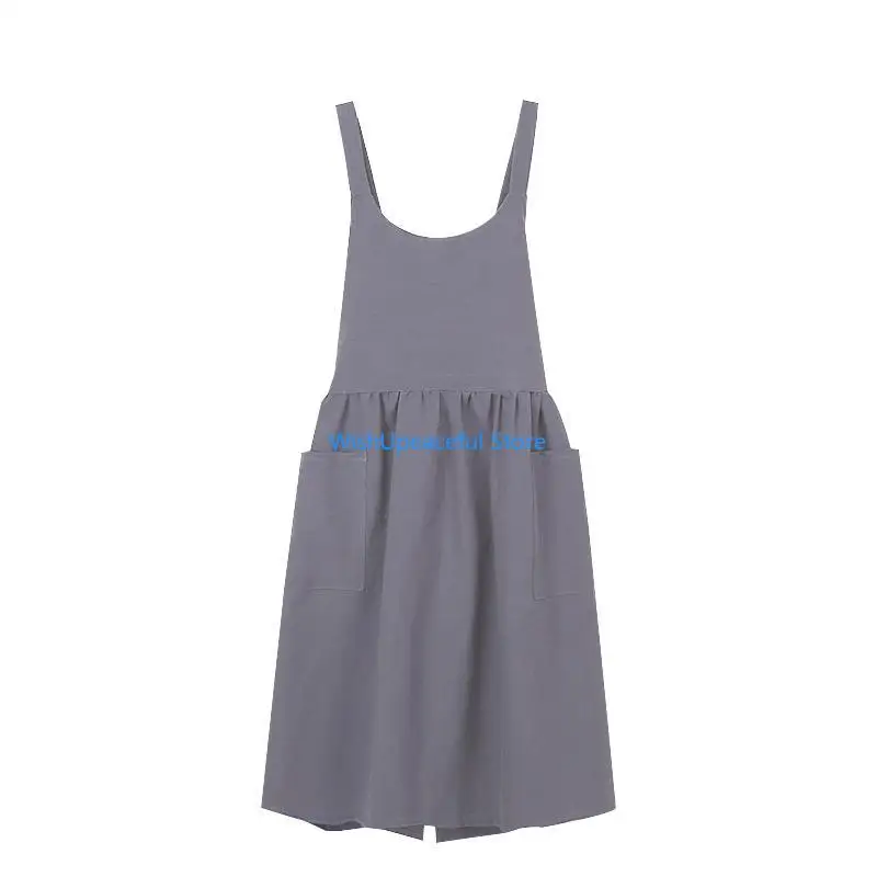 

34YA Color for Cross Back Apron with Pockets Adjustable Waist Tie Cotton Linen Bib for Women Gardening Painting Cooking